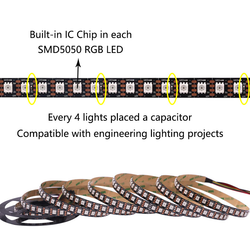 DC12V GS8208 96LEDs/m High-Density Individual Addressable RGBIC Black PCB LED Strip Light, Engineering Type